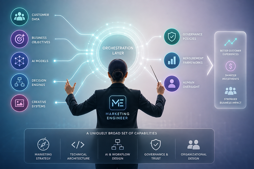 The Marketing Engineer orchestrates the autonomous marketing stack—connecting strategy, data, AI, governance, and human oversight into a single intelligent operating model.