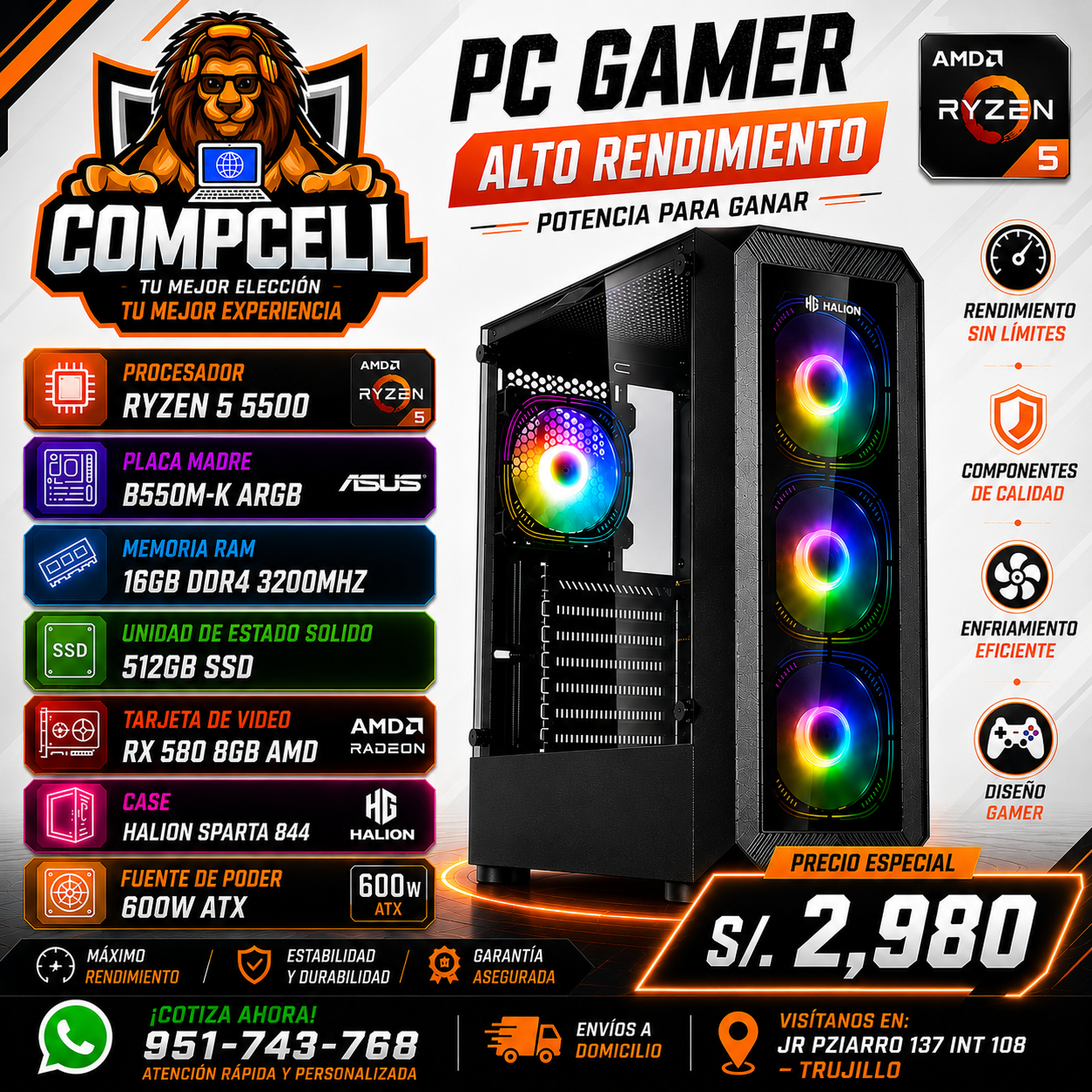 CPU RYZEN 5 5500, 16GB RAM DDR4, SSD 512GB, RX 580 8GB, CASE HALION 600W ATX