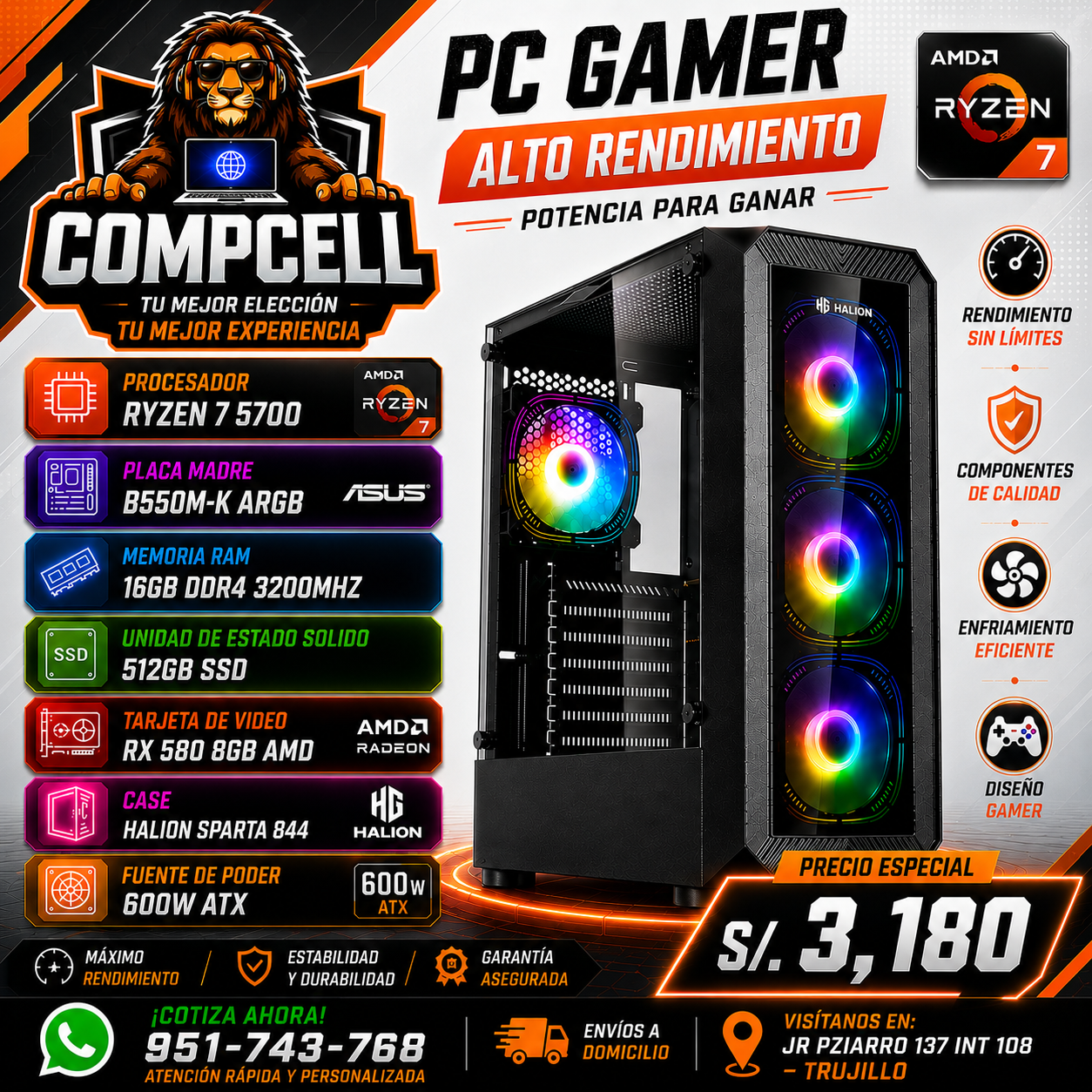 CPU RYZEN 7 5700, 16GB RAM DDR4, SSD 512GB, RX 580 8GB, CASE HALION 600W ATX