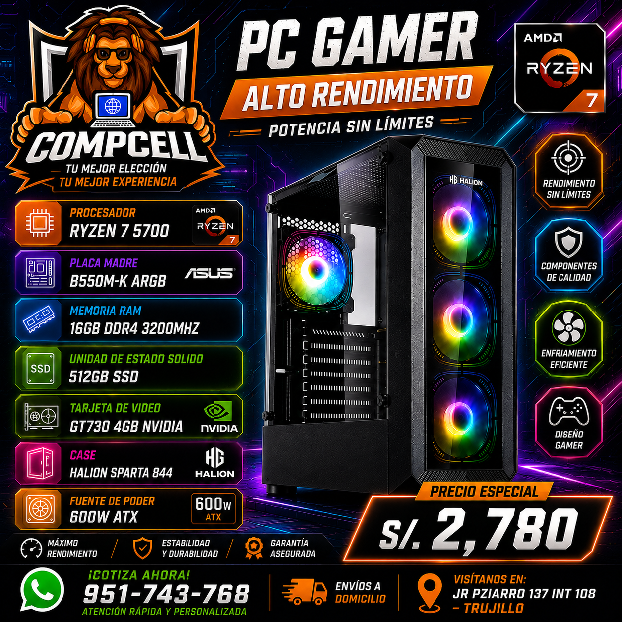 CPU RYZEN 7 5700, 16GB RAM DDR4, SSD 512GB, GT 730 4GB, CASE HALION 600W ATX