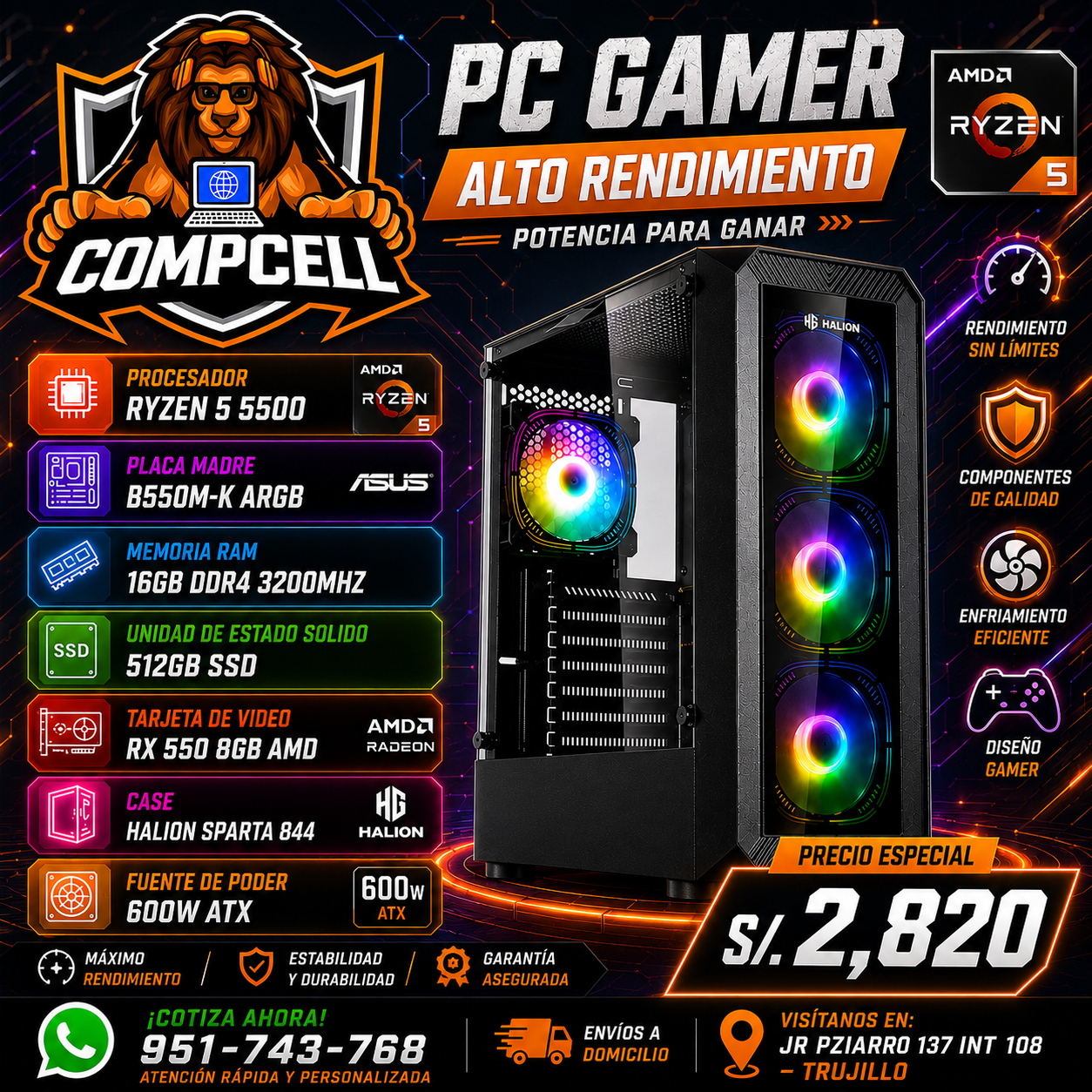 CPU RYZEN 5 5500, 16GB RAM DDR4, SSD 512GB, RX 550 8GB, CASE HALION 600W ATX
