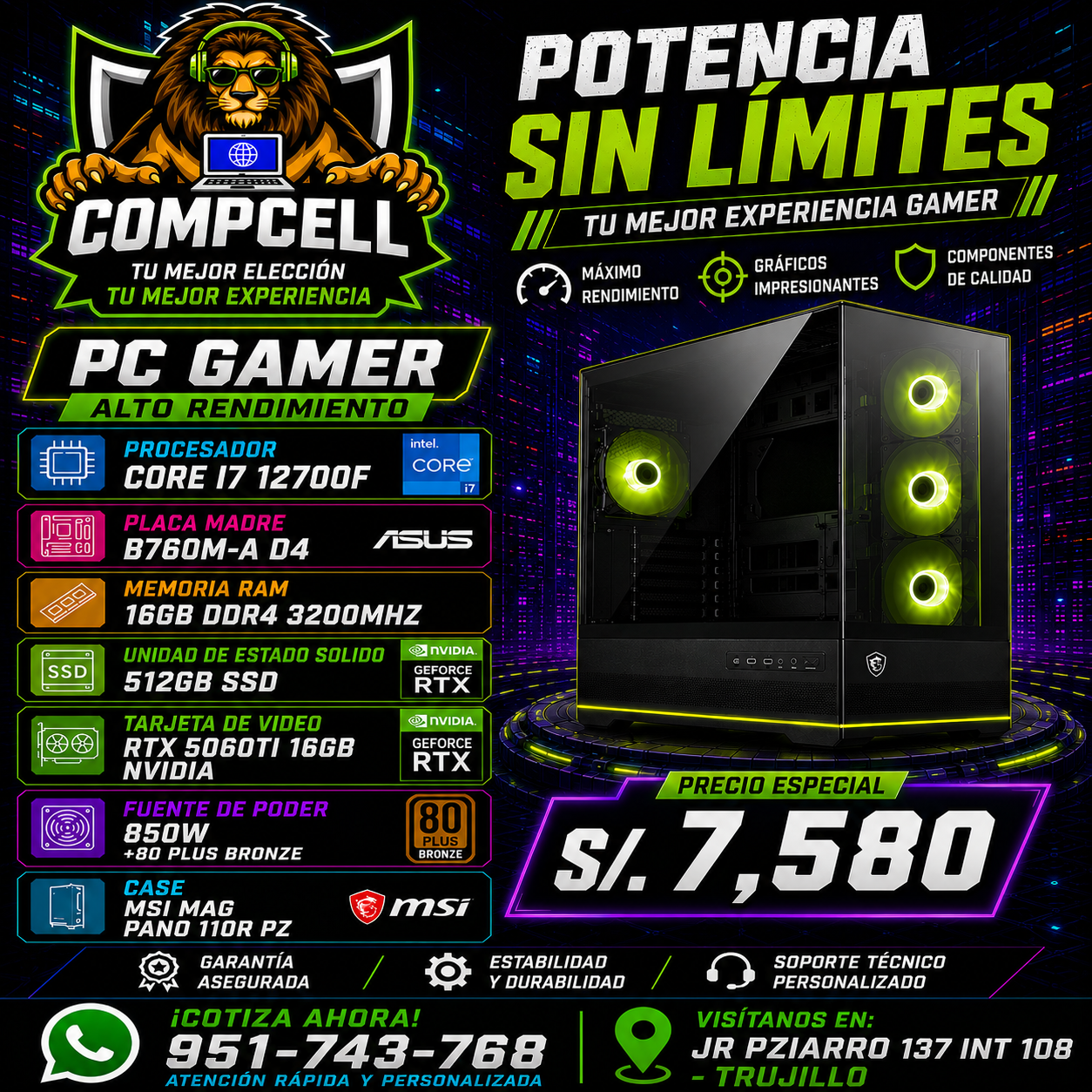CPU CORE I7 12700F, 32GB RAM DDR4, SSD 512GB, RTX 5070 12GB, 850W +80 PLUS