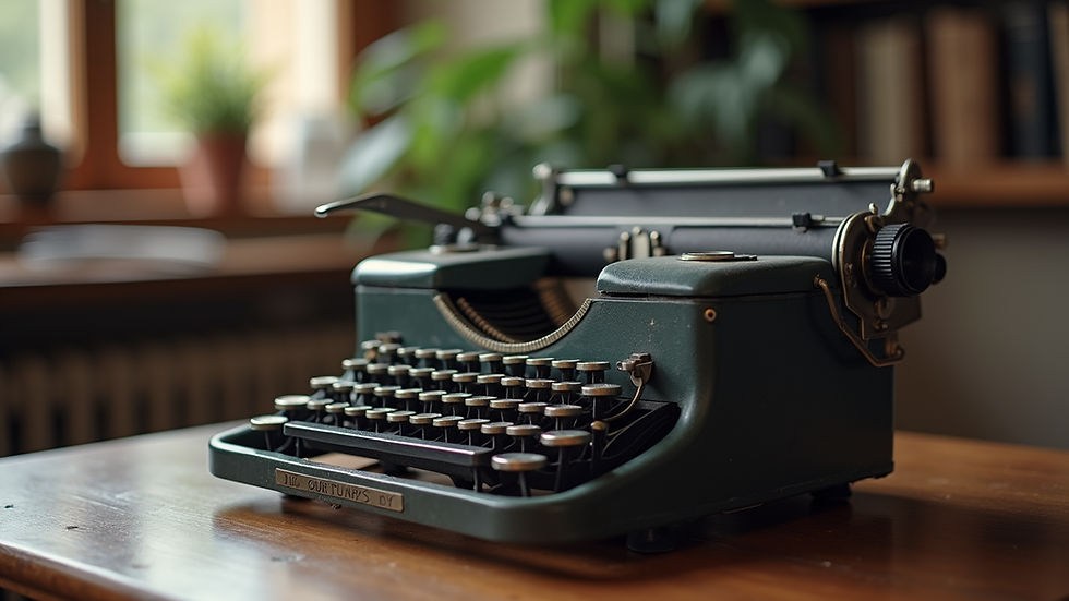 Eye-level view of a vintage typewriter on a wooden desk