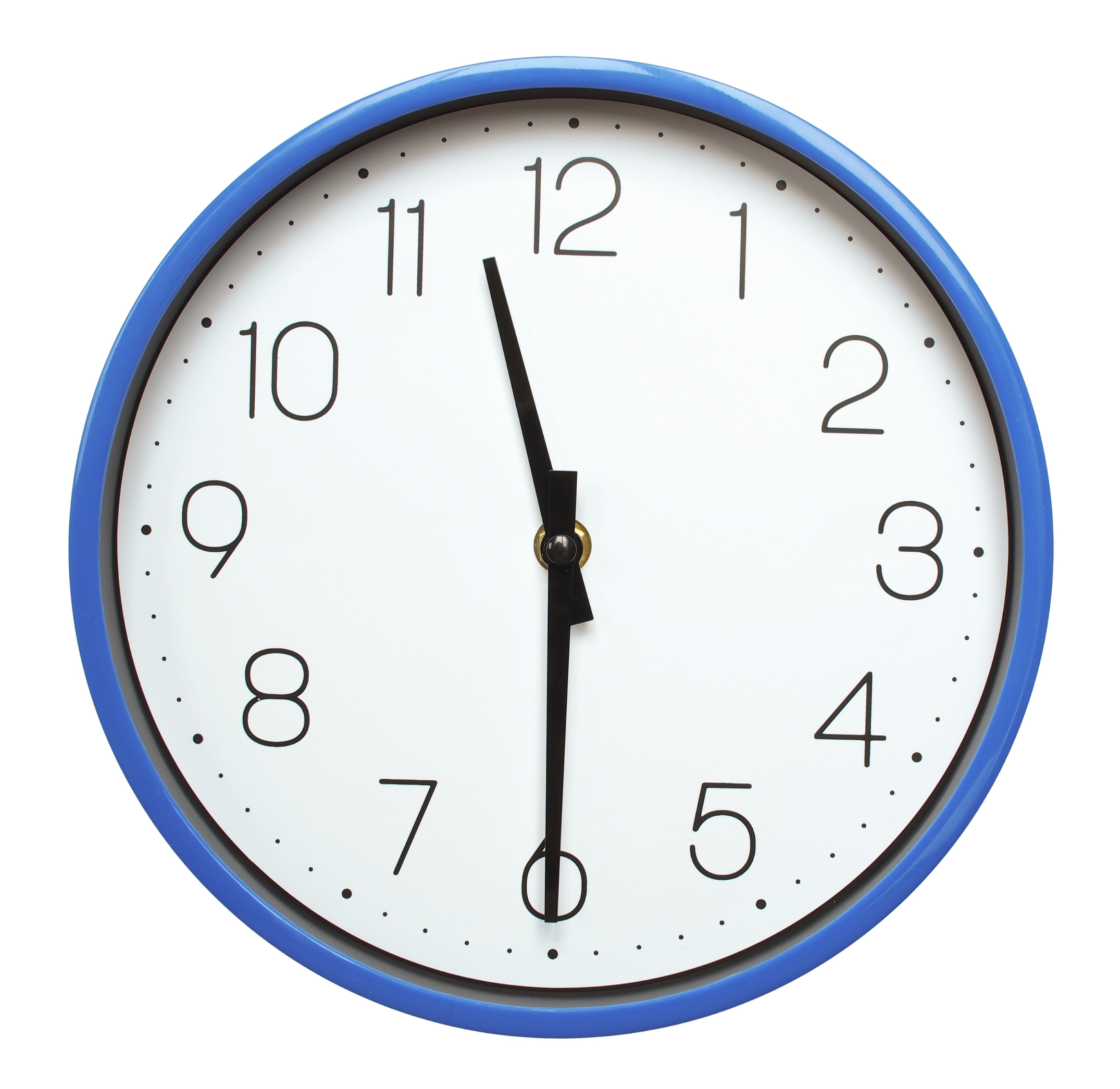 Wall clock with blue frame showing 1130 1130 or 2330 O clock on white background, suitabl
