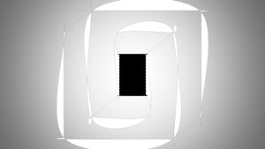 Abstract geometric artwork featuring a central black rectangle surrounded by intersecting white curved shapes and lines, forming a complex symmetrical pattern.
