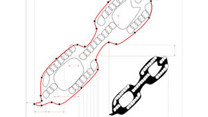 Red outline with black nodes. Oval shapes in structured pattern. Technical artistic sketch. Signed SDL