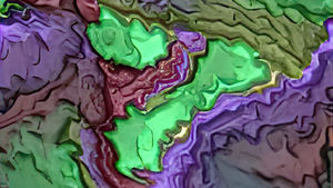 Abstract digital artwork featuring a blend of green, purple, and red-brown hues with varied textures and depth