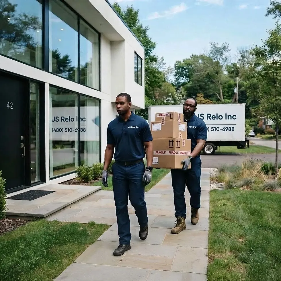 Outdoor photography of two uniformed movers carrying stacked boxes up a sidewalk towards a modern residence. A company truck is parked behind them.