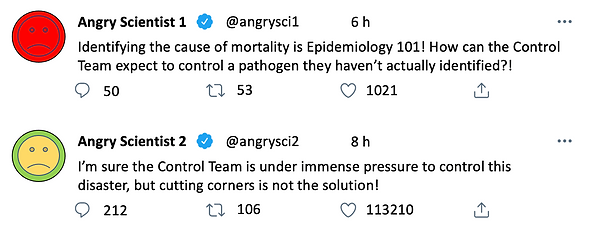 Fake tweets from angry scientists criticizing the choice to skip diagnostic testing of the pathogen