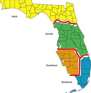 Map of Florida showing four geographical regions