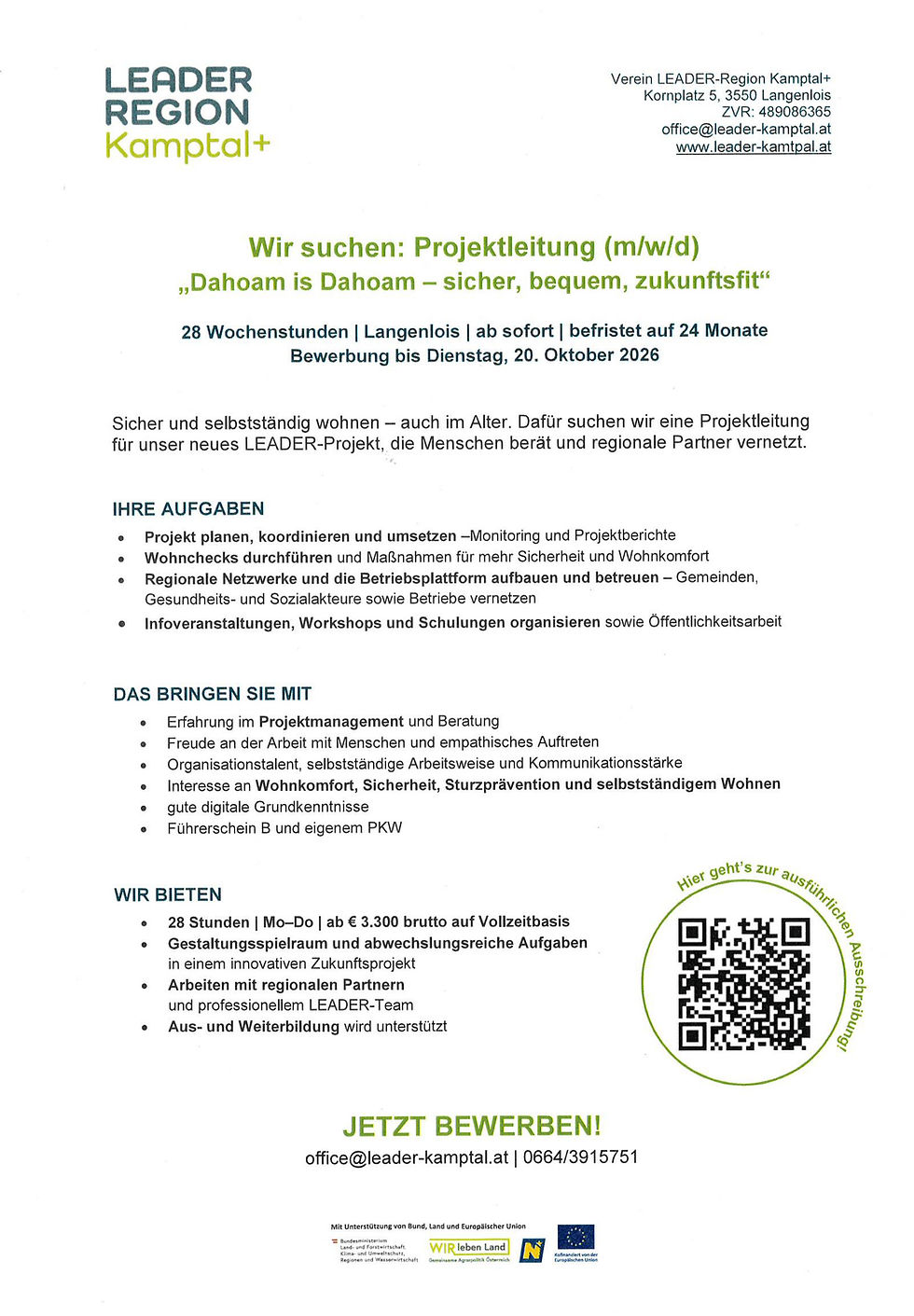 Stellenausschreibung des Vereins LEADER-Region Kamptal