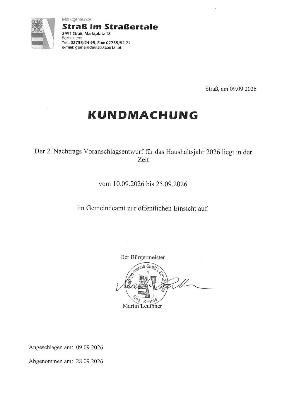Kundmachung - 2. Nachtragsvoranschlag 2026