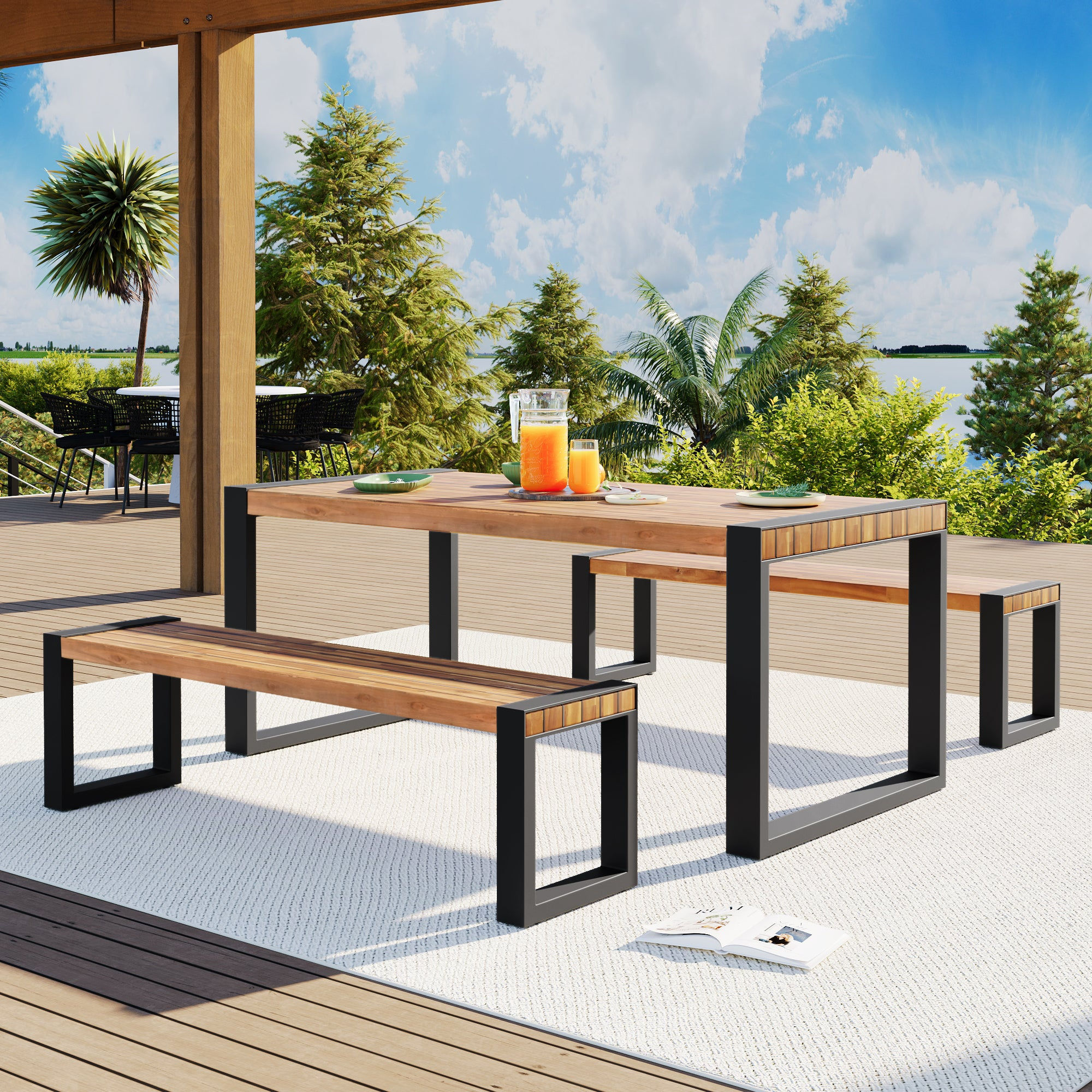 3-Pieces Outdoor Dining Table With 2 Benches
