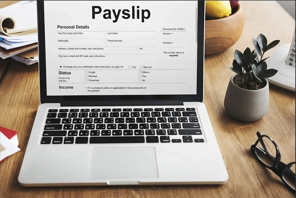 Digital display of a payslip form on a laptop. The document is centered on the screen, suggesting financial data.