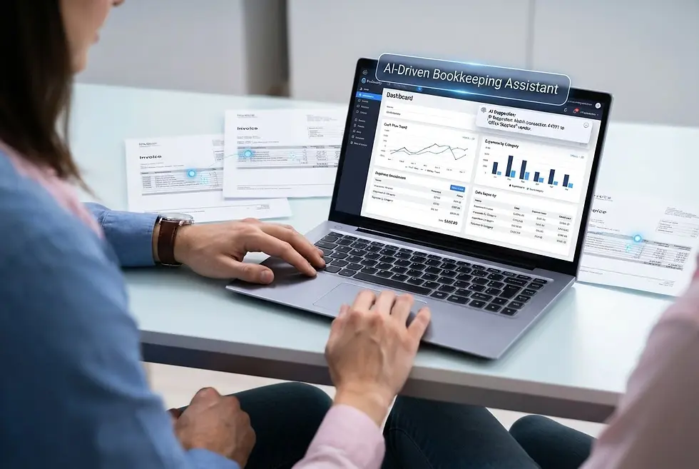 Digital photography of an AI-driven bookkeeping assistant on a laptop. The interface displays financial charts and data analysis.