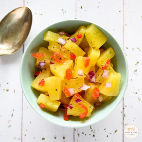 A bowl of pineapple salsa ready to serve.
