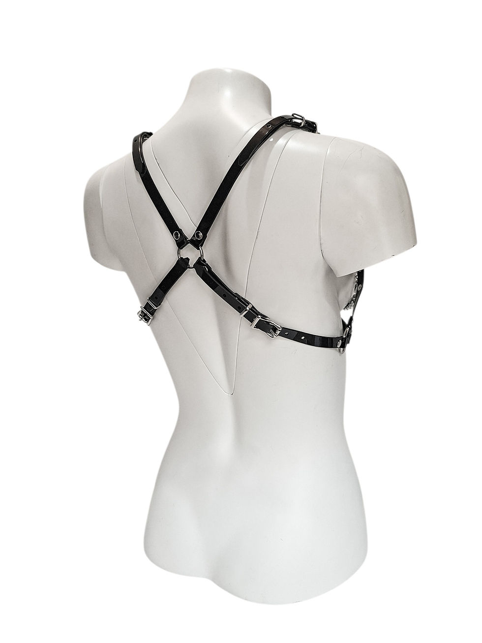 Thumbnail: Black Vinyl Cage Bra Harness with Silver Chains