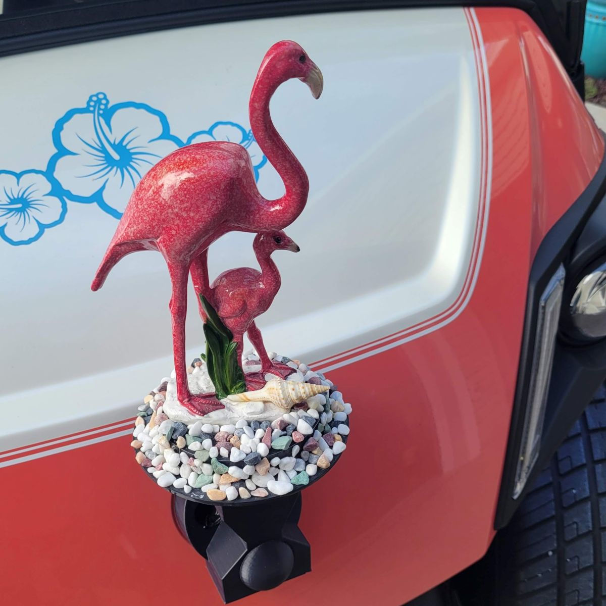 Flamingos with Seashell on Stone Beach