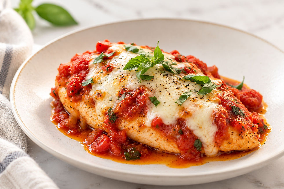 Baked chicken breasts topped with creamy Oliverio Peppers in sauce and melted mozzarella cheese.