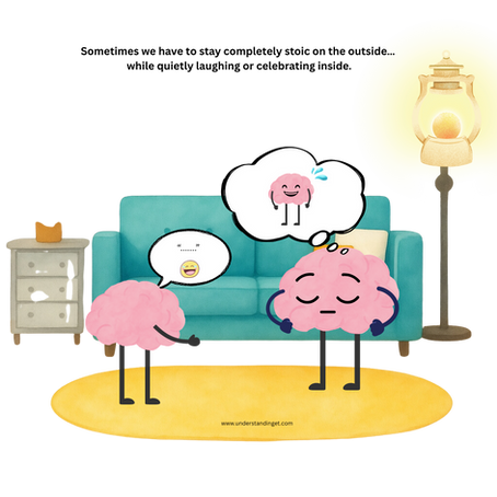 Two cartoon brains interact in a room with a teal couch and lamp. One brain, the student is telling a joke and  the other, an adult has a patient look but is laughing in the thought bubble indicating that even if they have kept their demeanour, she found the joke funny and is happy. 