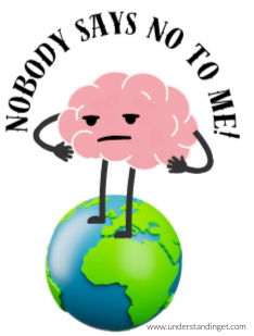 A stern-looking brain stands on top of a globe with arms on hips, under the text “NOBODY SAYS NO TO ME!” portraying entitlement and inability to accept rejection.