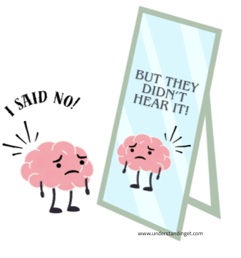 A sad brain character stands in front of a mirror shouting “I SAID NO!” — but the mirror reflects back “BUT THEY DIDN’T HEAR IT!”, showing the frustration of boundaries being ignored.