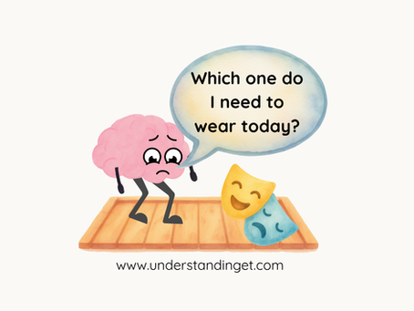 A brain cartoon looking at the floor at a happy and sad mask and wondering"which one do I need to wear today.