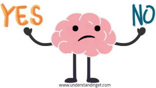 A confused brain character holds up one hand labeled “YES” and another labeled “NO,” visibly unsure which choice to make, representing indecision or parenting dilemmas around setting boundaries.