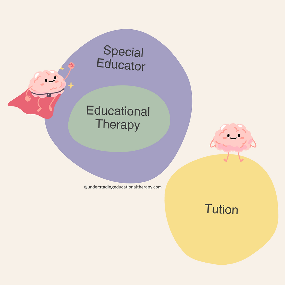 Venn diagram showing overlap between special education, educational therapy, and tuition, highlighting how educational therapy supports learning difficulties through skills and academics, distinct from tuition and broader special education.