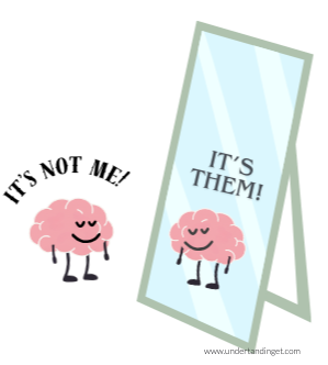 Smug brain saying “It’s not me!” while the mirror reflection agrees: “It’s THEM!” — a playful dig at blame-shifting and lack of self-awareness.