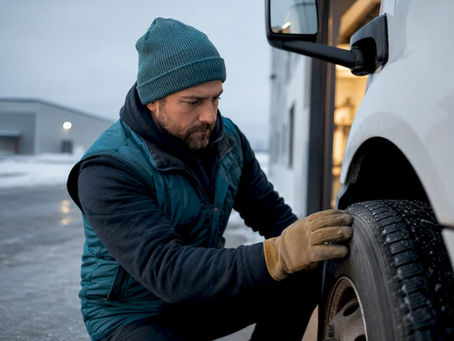Business owner inspecting commercial vehicle tire