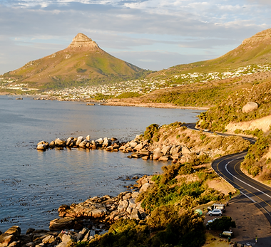 Aerial view from a Coastal Road stop orm Hout Bay to Camps Bay along Victoria Road, with mighty Lion's Head in the background.
