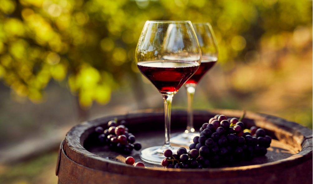 Two glasses of red wine, alongside a few red grapes are pictured on a wine barrel. In the back you can make out blurry vines.