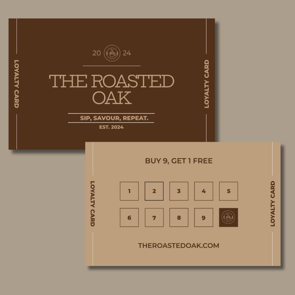 Front of the business card: A clean and minimalist design with The Roasted Oak logo in the centre, set against a cream background with a subtle oak leaf pattern. Text below reads, ‘Brewed with Soul.’
Back of the card: A warm brown background with Small icons of a coffee cup and oak leaf add decorative touches.”