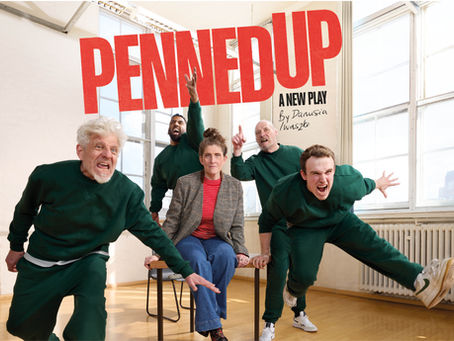 A staged image of a woman sitting calmly on a chair in plain clothes surrounded by 4 male prisoners in dark green sweatshirts and jogging pants, who are jumping and shouting (in a comedic way). They are in a room with a large wooden floor, and white walls with big windows. The image is fun and full of energy
