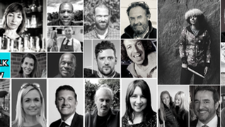 A composite of 20 guests who have appeared on the Suffolk Pod show. All images are in black and white - everyone is smiling 