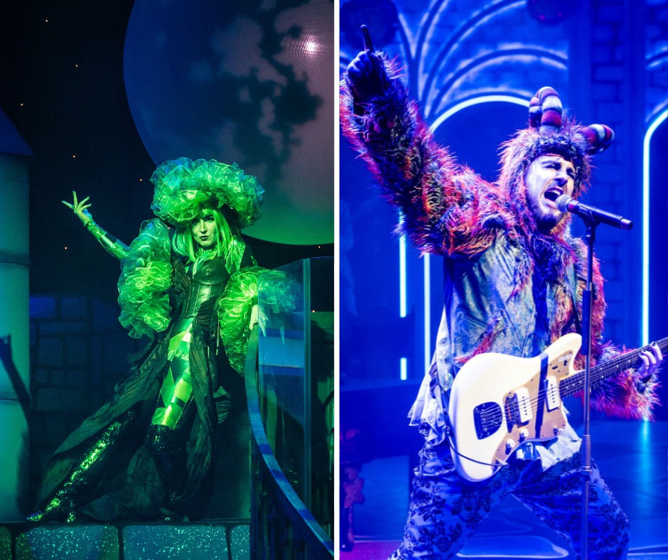 two images, The one on the left is of a woman dressed in green leather and fur posing on a staircase as the baddie. She is lit in green light. The image on the right is a photo of The Beast singing into a mic and playing guitar. He has one arm raised and is singing intently and emotionally with his eyes closed