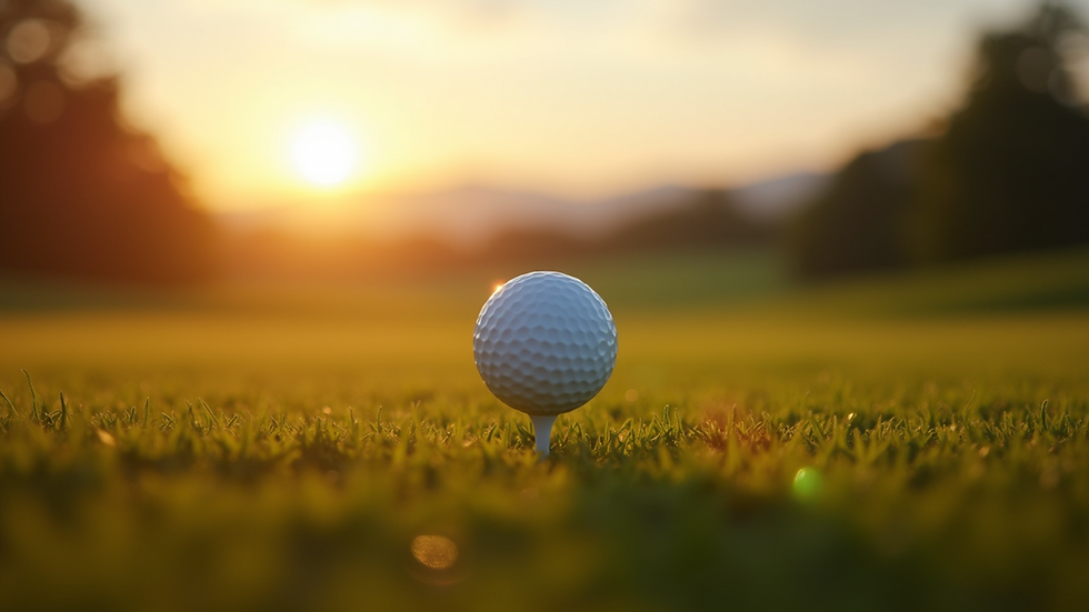 Eye-level view of a golf ball on a tee at sunrise