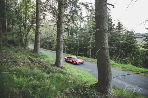 Voiture de rallye photographiée sur une route forestière pendant une épreuve automobile.