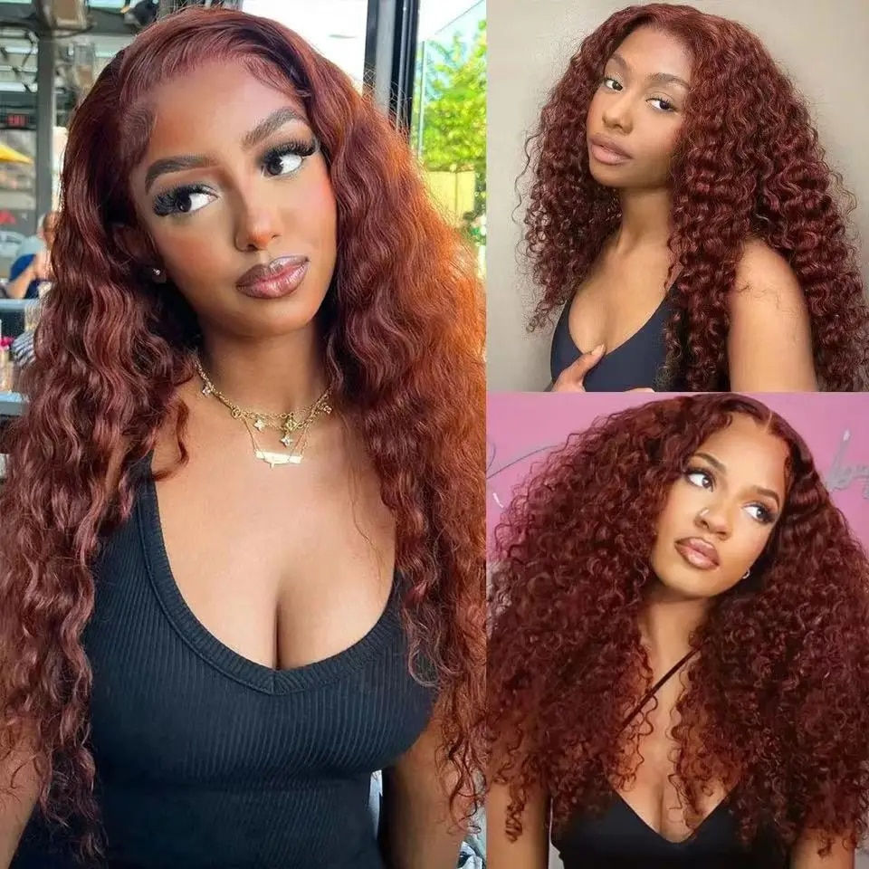 Thumbnail: HD Transparent Pre Plucked Reddish Brown Water Wave Human Hair 