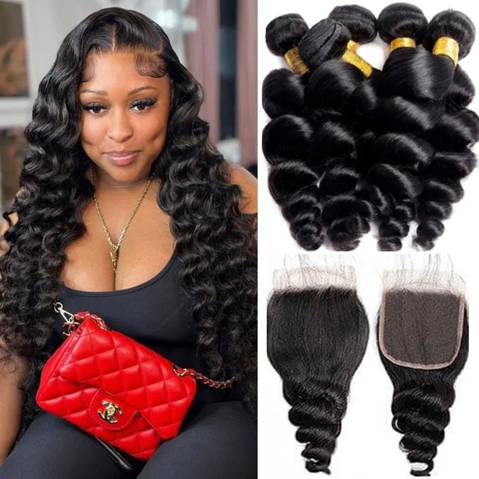 Thumbnail: 12A Human Hair Brazilian Loose Wave With 4x4 HD Lace Closure 3/4 Bundles 
