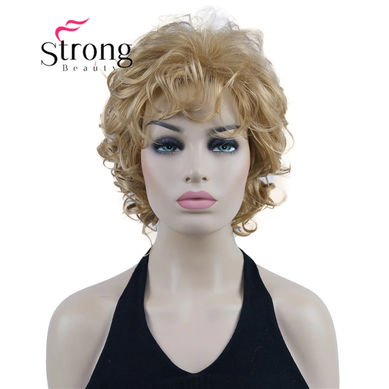 Thumbnail: Short Wig Soft Tousled Curls Blonde Highlights Full Synthetic Wigs 