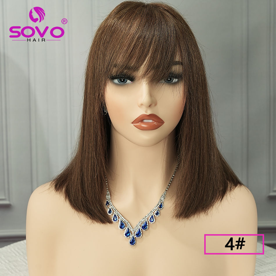 Thumbnail: Straight Bob Human Hair with bangs No Lace 