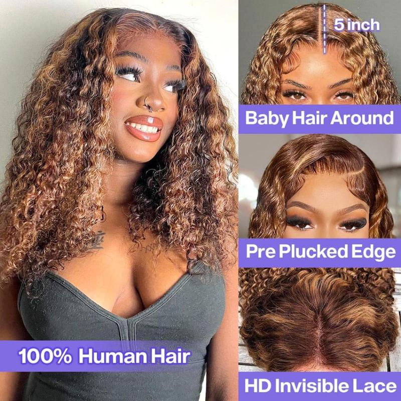 Thumbnail: Curly Human Hair Highlight 427 Honey Blonde Colored Glueless Deep Wave Bob
