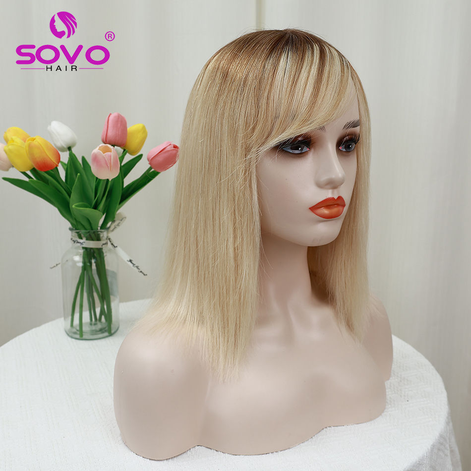 Thumbnail: Straight Bob Human Hair with bangs No Lace 