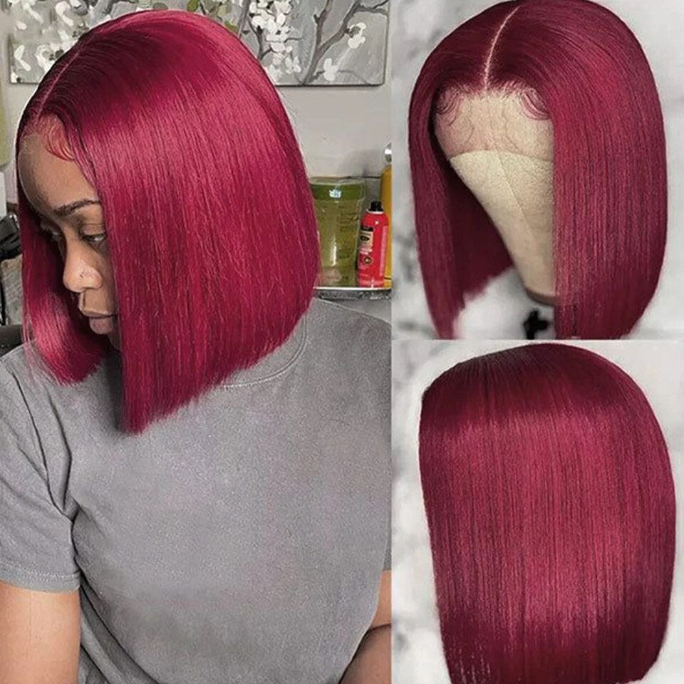Thumbnail: Peruvian 99J Burgundy HD Transparent Pre Plucked Human Hair Short Bob 