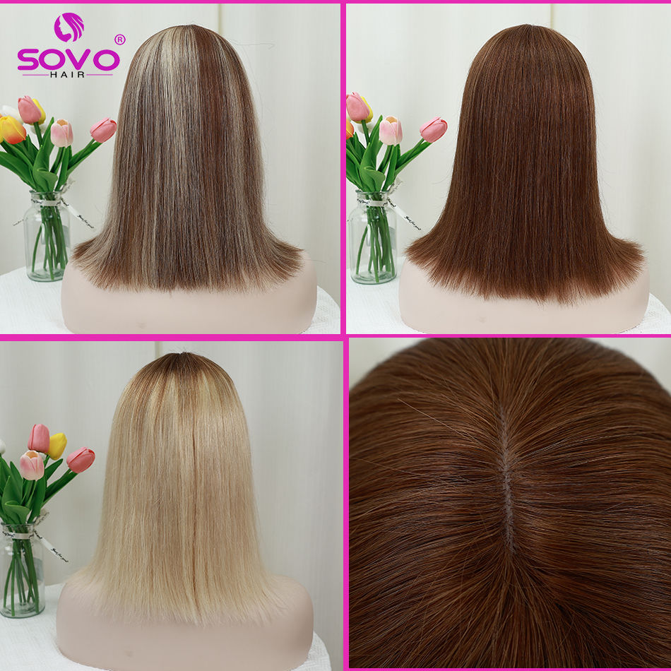 Thumbnail: Straight Bob Human Hair with bangs No Lace 