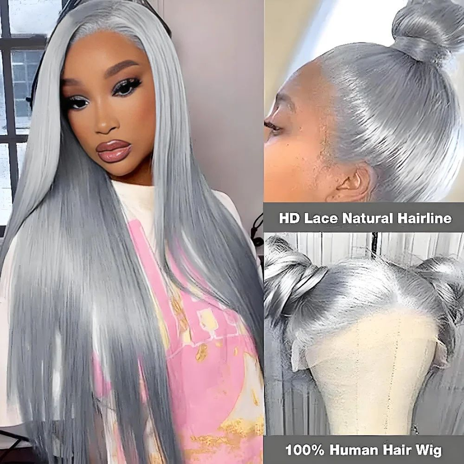 Thumbnail: Silver/Grey HD Straight Transparent Lace Front Brazilian Human Hair Pre Plucked 