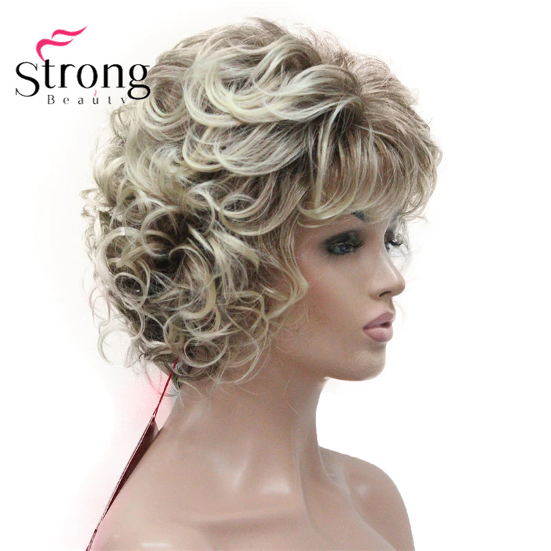Thumbnail: Short Wig Soft Tousled Curls Blonde Highlights Full Synthetic Wigs 