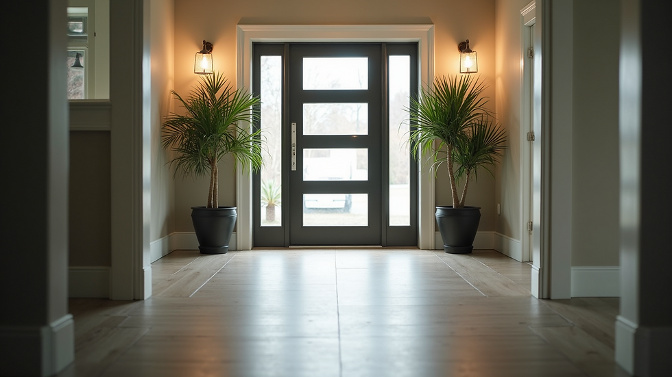 Eye-level view of modern fiberglass front door with glass panels